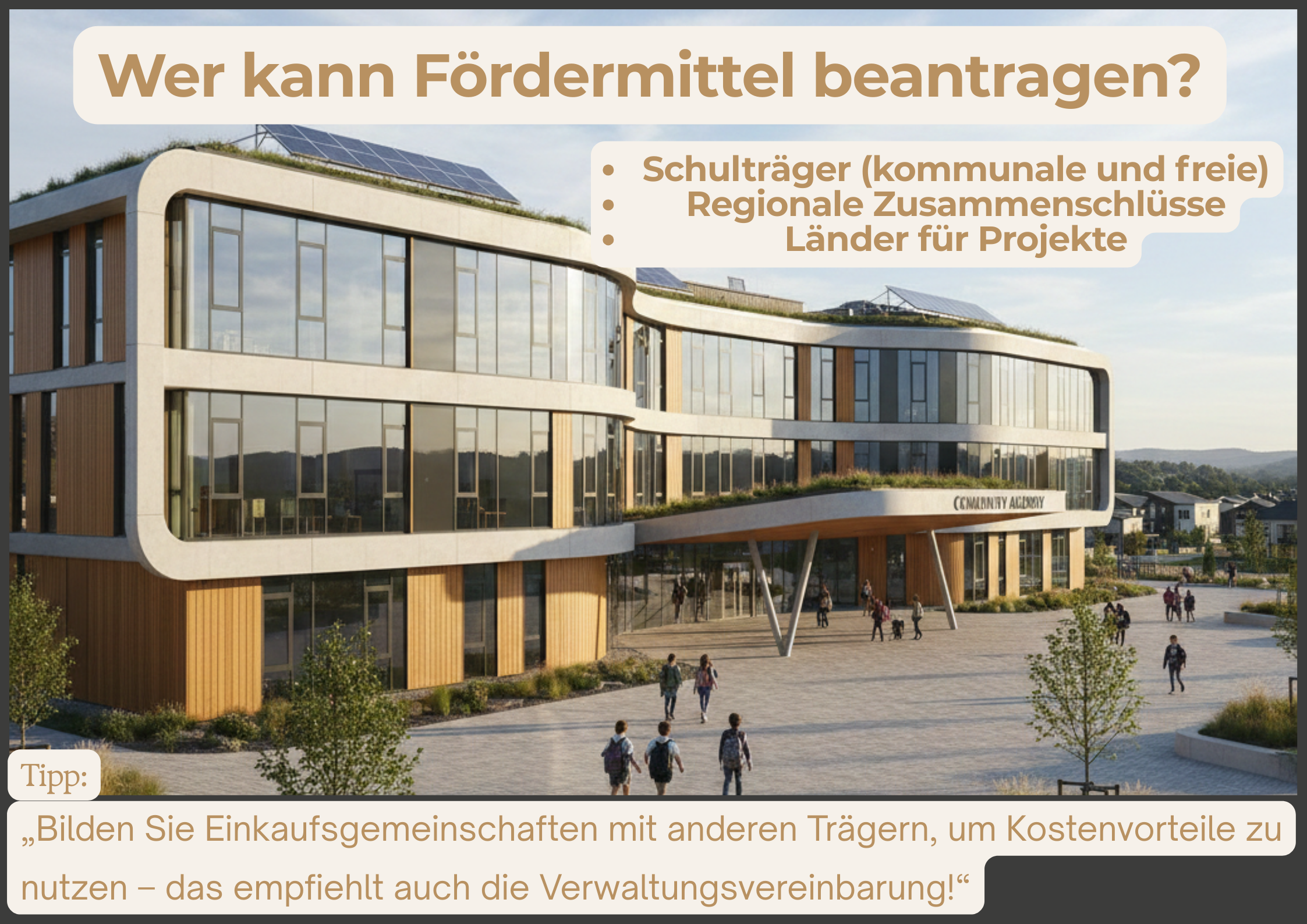 Moderne Bildungseinrichtung mit großen Fenstern und Solarpanelen auf dem Dach; mehrere Personen bewegen sich auf dem Platz vor dem Gebäude.